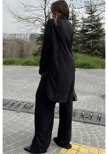 Kadın Siyah Uzun Tunik Gömlek & Beli Lastikli, Bol Paça Pantolon - Salaş Bürümcük Takım Siyah