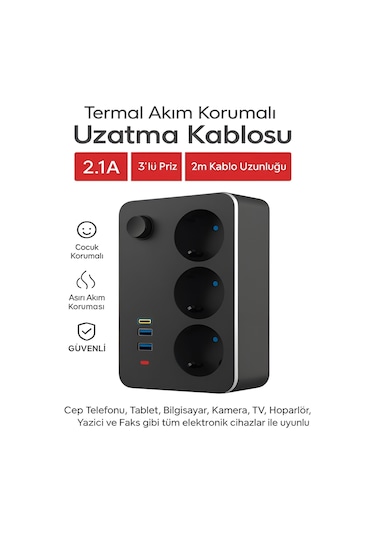 Elektrik Sigortalı Akım Korumalı 2-usb 1-pd Type-c 3'lü Priz 2 Me