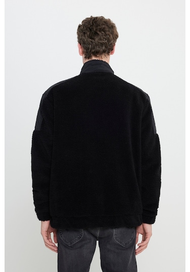 Relaxed Fit Geniş Kesim Fermuarlı Omuz Detaylı Siyah Sherpa Ceket Siyah