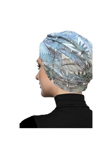 Desenli Çapraz Penye Krem-yeşil Yaprak Desenli Hazır Türban Tesettür Havuz Bonesi Krem - Yeşil