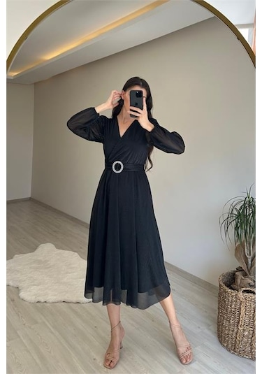 Neşeli Butik Kadın Kruvaze Yaka Tokalı Midi Boy Işıltılı Elbise Nm009 Siyah