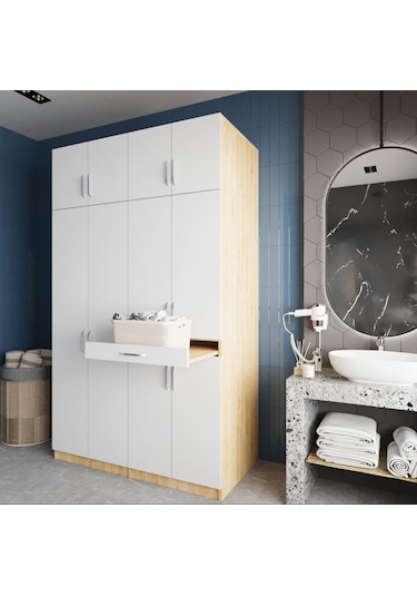Modena Çamaşır Ve Kurutma Makinesi Dolabı Banyo Dolabı Meşe Beyaz Meşe Beyaz