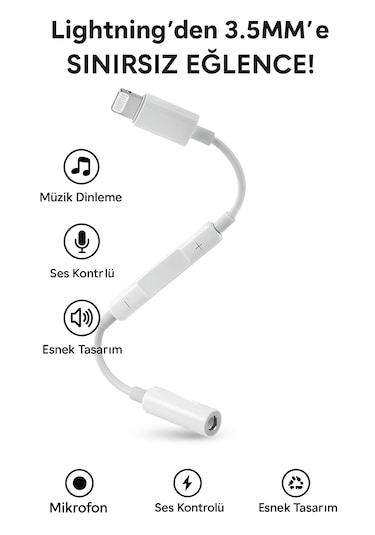 İphone İpad 8 Pin Lightning Aux Çevirici - 3.5 Mm Kablodan Kontrollü Jack Kulaklık Adaptörü 1 Adet