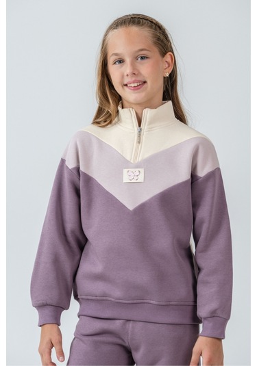 Kız Çocuk Kelebek Detaylı Yarım Fermuarlı 3 İplik Kalın Kışlık Eşofman Takımı Ak4233 Mor