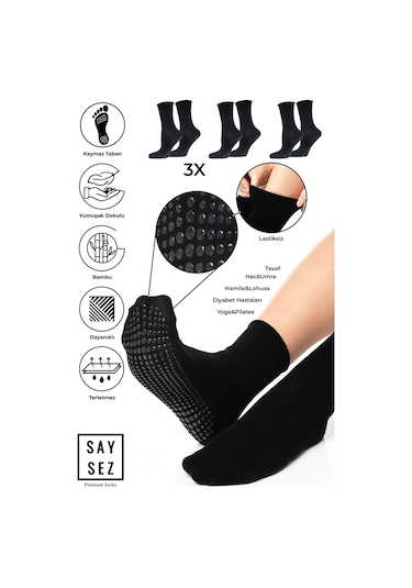 Bambu Kaydırmaz Taban Silikon Baskı Hac Umre Tavaf Hamile Diyabet Pilates Yoga Lastiksiz Çorap 3'lü Siyah