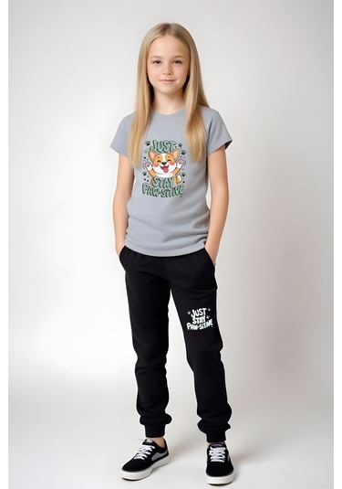 Just Stay Paw Baskılı Kız Çocuk Tişört Ve Eşofman Alt-üst Takım Gri