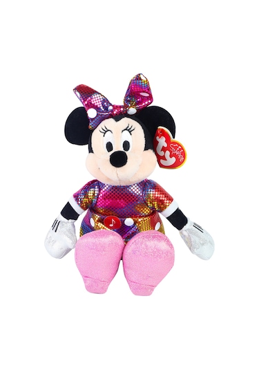 Ty Parlak Gökkuşağı Elbiseli Minnie Mouse Sesli Peluş 15 Cm.
