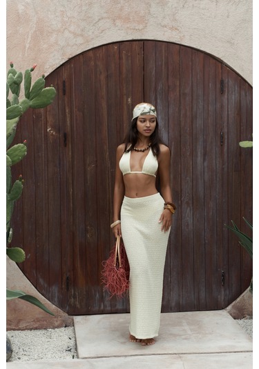 Pangestu Üçgen Sarı Crop Etek Triko Takım Sarı