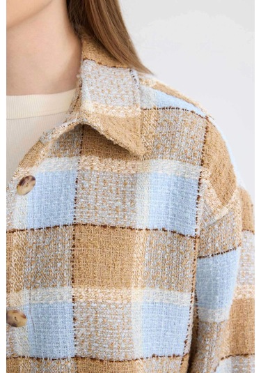 Defacto Relax Fit Gömlek Yaka Kareli Flanel Uzun Kollu Gömlek Tunik D4774AX24AUBE409 Mavi