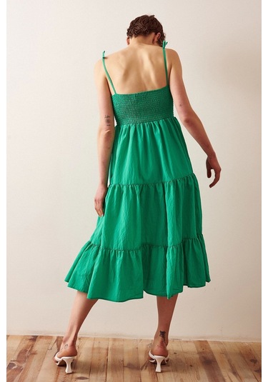 Sırtı Büzgülü Askılı Elbise Yeşil