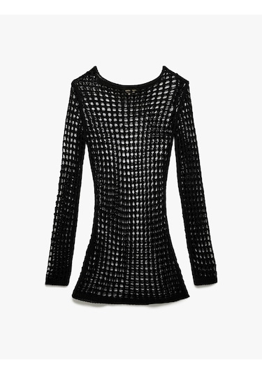 Koton Slim Fit Uzun Kollu Bisiklet Yaka Mini Kroşe File Plaj Elbisesi Siyah 5sak80001mt Siyah