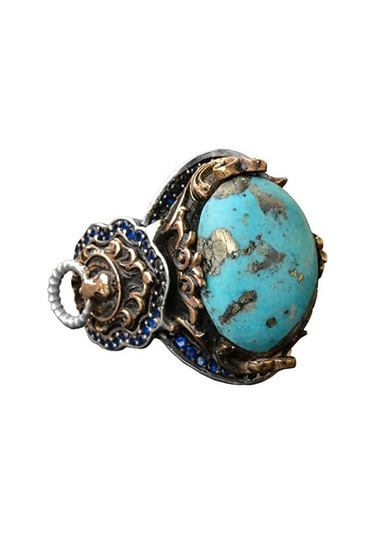 Gerçek Doğal Arizona Turkuaz Taşlı Aslan Yüzüğü - Gümüş Erkek Yüzüğü Gümüş