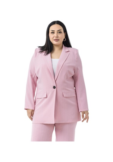 Büyük Beden Çizgili Pembe Ceket Pantolon İkili Takım Pembe