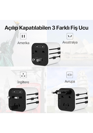 Ttec 3in1 Akım Ve Isı Korumalı10a/250v Amerikan/avrupa/ingiliz Tipi Priz Çevirici Seyahat Şarj Aleti