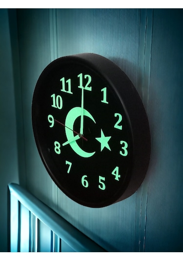 Fosforlu Gece Görünen Ayyıldız Duvar Saati Çap 28 Cm Cam Yok Siyah