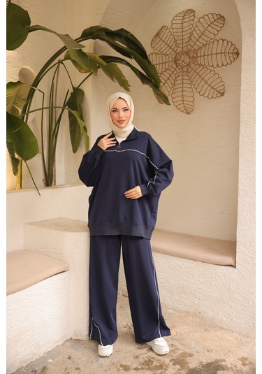 Tesettür Eşofman Takımı Ikili Takım Fermuarlı Yaka M-483 Lacivert