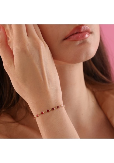 Queen Silver Jewelry 925 Ayar Gümüş Kırmızı Renk Geçişli Zirkon Taşlı Tamtur Bileklik Altın