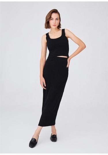 Peraluna Örgülü Kaşmir Karışımlı Kalem Kadın Triko Etek Siyah