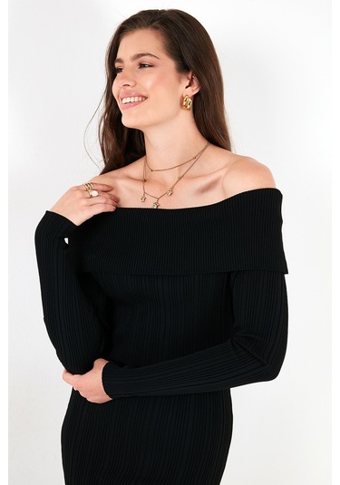 Lela Premium Fitilli Carmen Yaka Slim Fit Midi Boy Triko Bayan Elbise 680El00033 Siyah