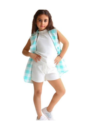 Riccotarz Kız Çocuk Halter Yaka Ekose Baskılı Düğme Detaylı Su Yeşili Şortlu Takım Su Yeşili