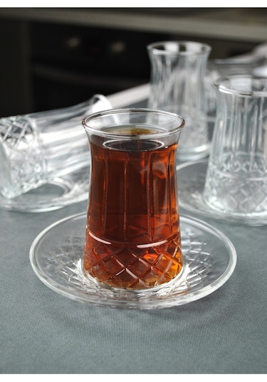 12 Parça 6 Kişilik Cam Çay Seti Çay Bardağı Takımı - Venedik Şeffaf