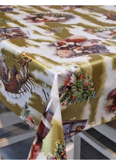 Yeni Yıl Desenli Elyaflı Pvc Masa Örtüsü Silinebilir Ve Su Geçirmez Muşamba Sarı