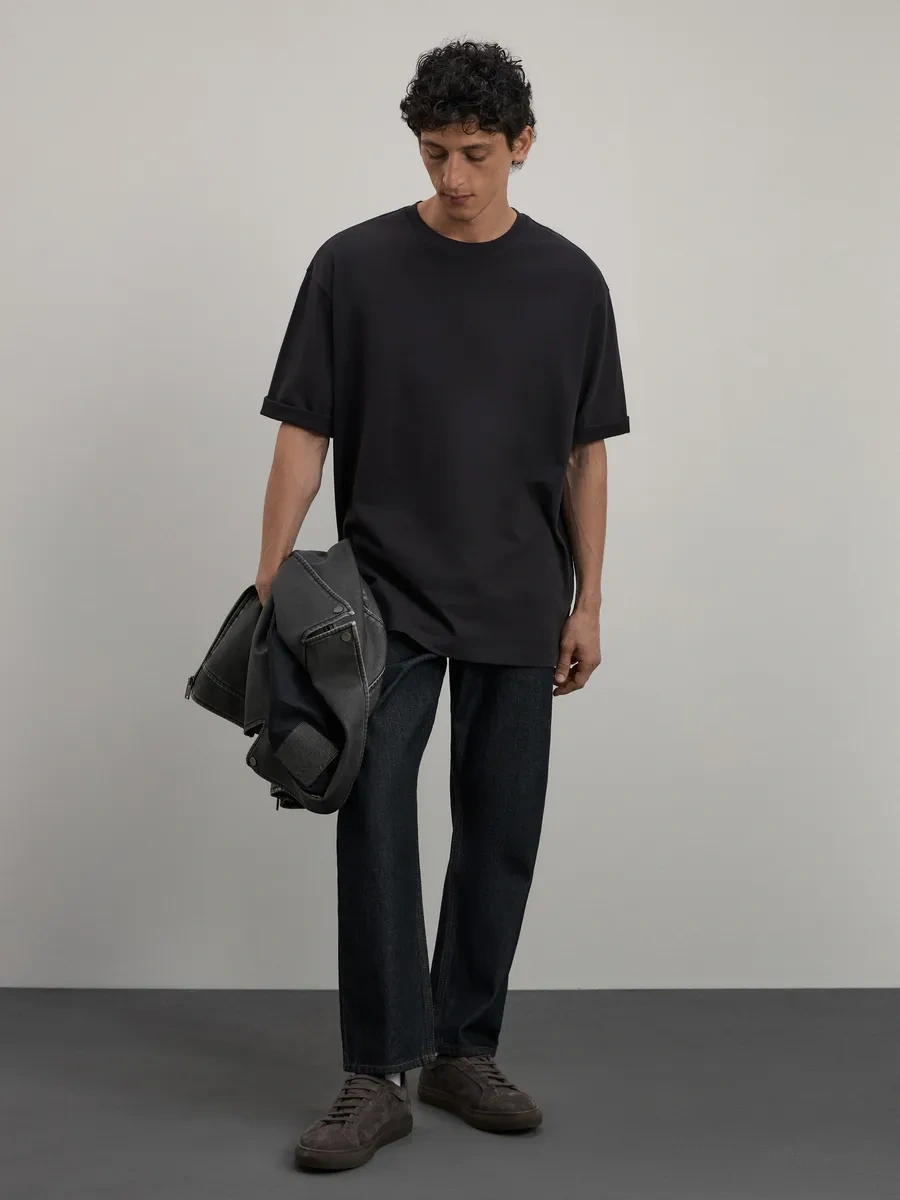 Zarına Pamuklu Temel Oversize Tek Renkli Tişört 270589701 Koyu Gri