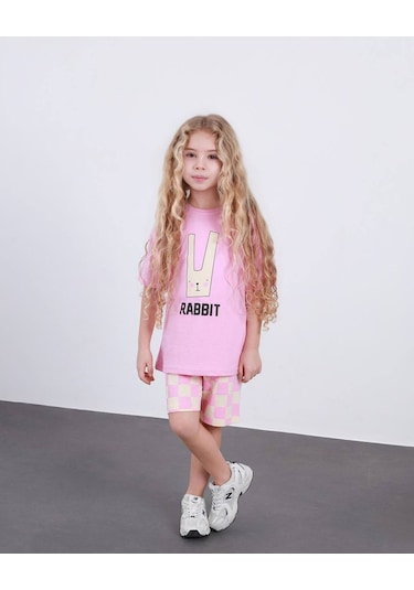 Miniko Kids Kız Çocuk Rabit Tavşan Modelli Pamul Şortlu Takım Pembe