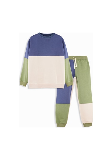 Denokids Renk Bloklu Erkek Çocuk Eşofman Takımı - Krem - Mavi - Yeşil