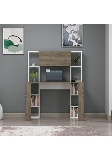 Dekorosso Dekorosso Vital Raflı Dolaplı Çalışma Masası Beyaz-Ceviz