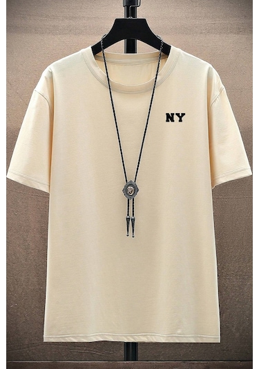 Erkek Ny Baskılı Oversize Tshirt Bej