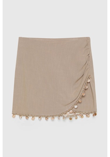 Quzu Midye Kabuk Aksesuarlı Keten Bej Kadın Etek Etk00451 Bej