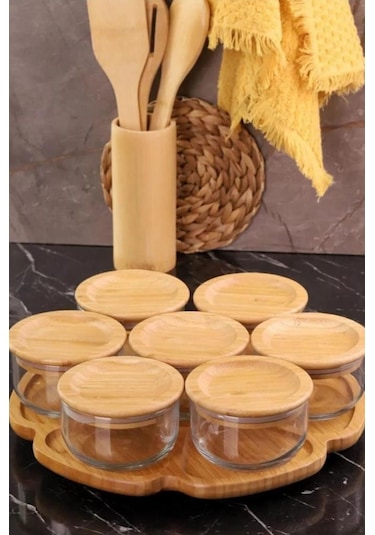 Duo - 7'li Dönen Tepsili Bambu Silikonlu Kapaklı Hava Aldırmaz Cam Kahvaltılık 300 Ml Kahverengi