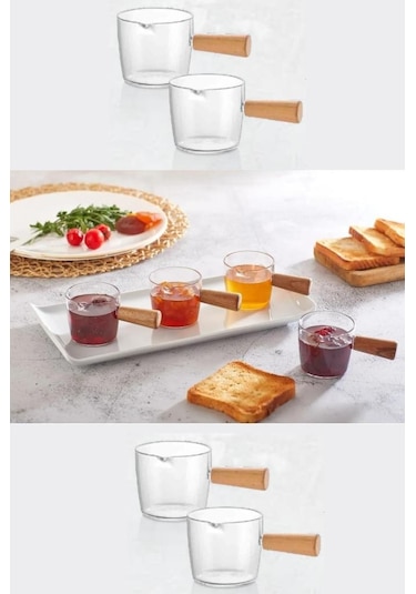 Flosoft Ahşap Saplı 4 Lü Mika Sosluk Takımı, Sos Reçel Baharat Kahve Yanı Sunum Seti