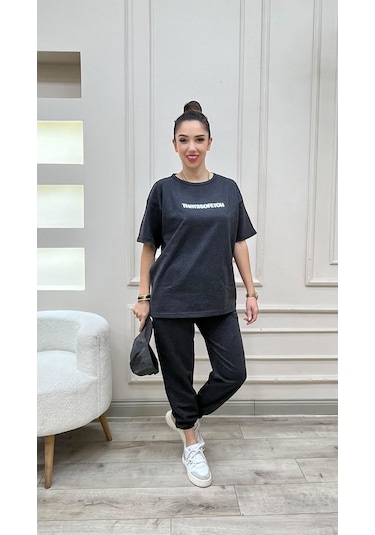 Thatssofetch Antrasit T-shirt Eşofman Altı Jogger - Beyaz Baskılı Eşofman Takımı Oversize Antrasit-279647 Thatssofetch Antrasit T-shirt Eşofman Altı Jogger - Beyaz Baskılı Eşofman Takımı Oversize Antrasit-279647