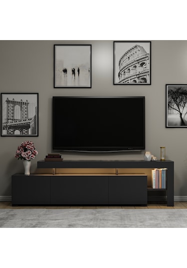 Beliz Modern LED Işıklı 3 Kapaklı, Raflı TV Sehpası – 192 cm, Antrasit