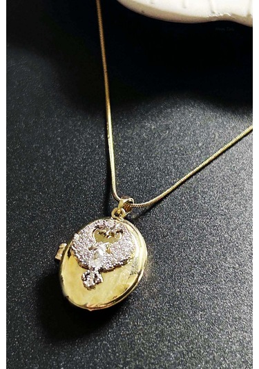 Zirkon Taşlı, Alya, Kapaklı, Paslanmaz Çelik Kolye 424, Altın Renk Altın