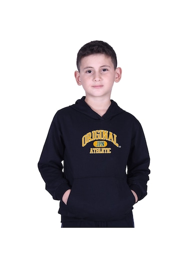 Kapüşonlu Kanguru Cepli Orıgınal Baskılı Erkek Çocuk Sweatshirt Siyah