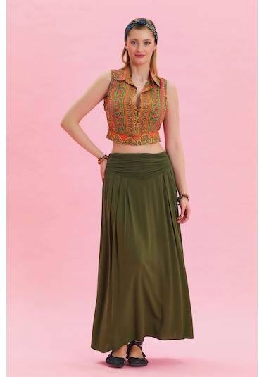 Beli Lastikli Drape Detaylı Otantik Etek Haki