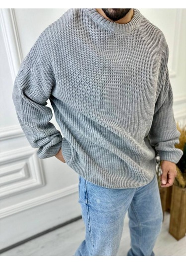 Kazak Oversize Çift Kat Örme Naturel Pamuk Bol Kesim Tüylenmeyen Salaş Triko Kazak Gri