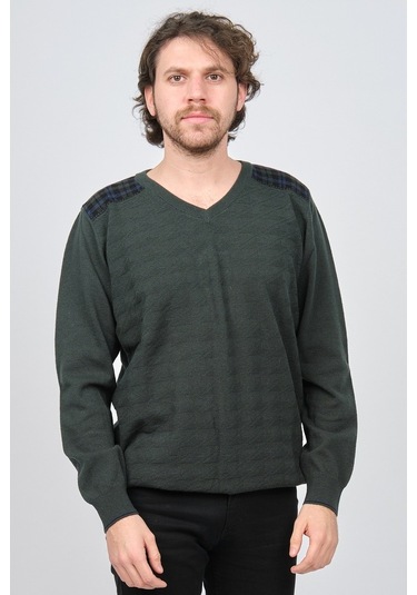 Desen Triko Erkek V Yaka Saf Yün Kazak 0246538 Yeşil Yeşil