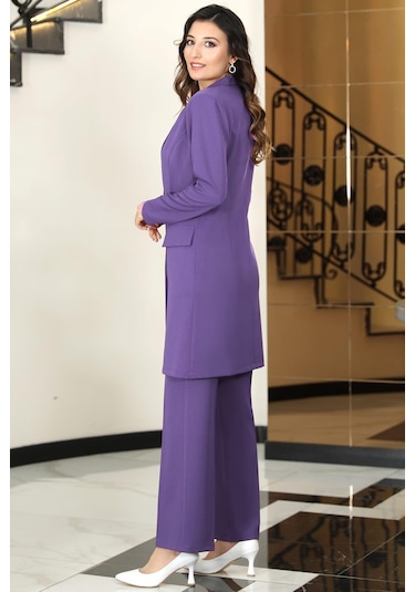 Parla Uzun Ceket Pantolon İkili Tesettür Takım Lavanta Lavanta