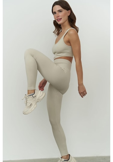Jade Bej Dikişsiz Fitilli Tayt Bej