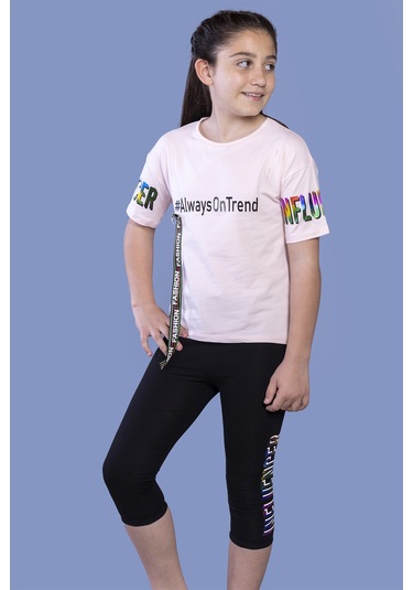 Toontoy Kız Çocuk Şerit Detaylı Renkli Baskılı Taytlı Takım Pudra