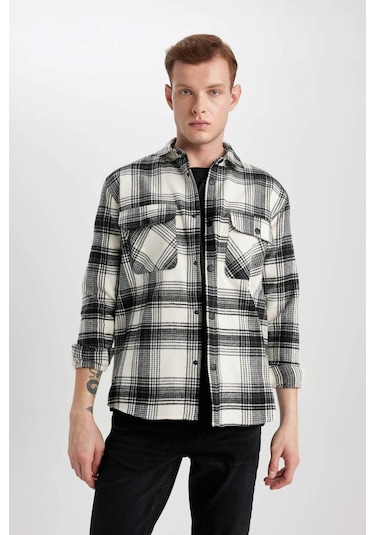 DeFacto Relax Fit Waffle Kareli Pamuklu Uzun Kollu Gömlek Z0639AZ24SPBK81