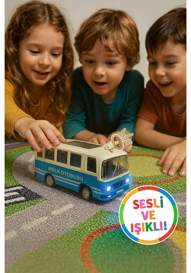 Nostaljik Halk Otobüsü 11 Cm Pilli Sesli Işıklı Kapısı Açılır Yumuşak Tekerlekli - Mavi