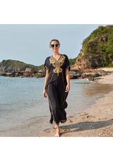 Siyah Nakış Fas Kaftan Bayan Maxi Bayram Elbisesi Arap Farasha Rahat Uzun Büyük Boy Parti Siyah