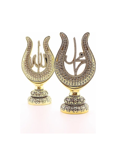 Orta Boy Biblo 22 Cm Lale Lafız 2'li Gold Allah Muhammed Polyester Üzerine Metal Kaplama Biblo