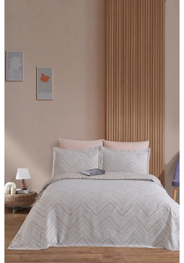 Elart Petra Keten Görünümlü Yatak Örtüsü Seti 3 Parça Çift Kişilik Ekru