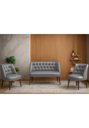 Milano 3 Lü Deri Oturma Grubu 2 Berjer + 1 İkili Koltuk Ofis & Ev Kullanımı Gri Gri